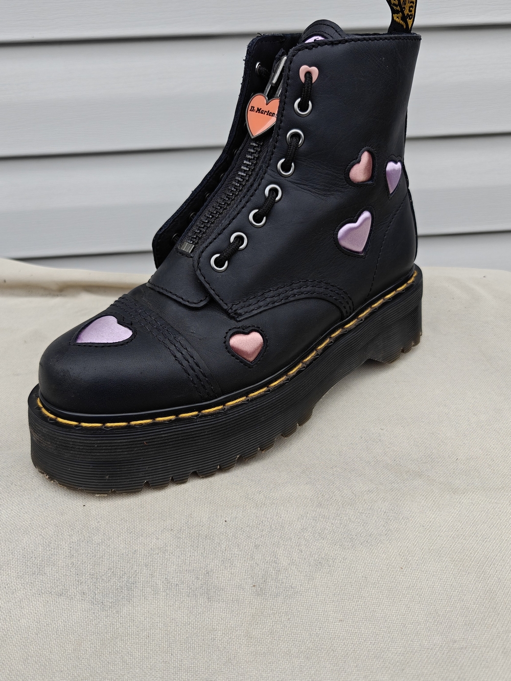 Dr. Martens Sinclair Women's Black Leather Platform Boot with Pink Heart Accents